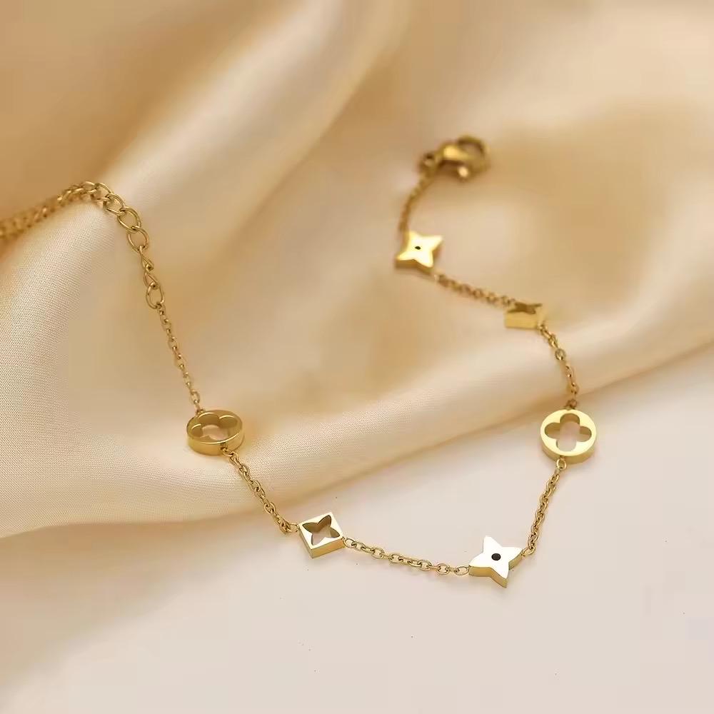 Geometrische Arm Kette aus Edelstahl, ausgehöhlt mit vierblattriges Kleeblatt, Sterne, Blumen